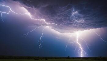 Dramatic Lightning Strikes Beneath Dark Storm Clouds Illuminating the Night Sky Over a Vast Open Landscape photo