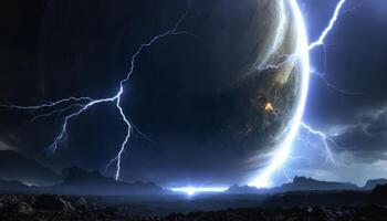 Dramatic Lightning Strikes Across Alien Landscape With Massive Planet Looming Above in the Night Sky photo