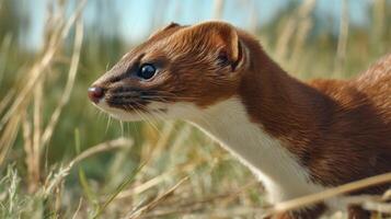 Close-Up of a Wild Weasel in Natural Habitat Surrounded by Green Grass Under Bright Blue Sky with Soft Focus Background photo