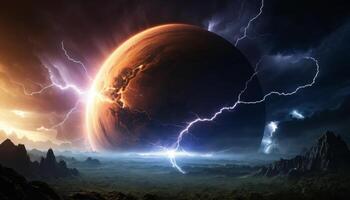 Dramatic Cosmic Landscape with a Planet Surrounded by Lightning and Mountain Silhouettes Under a Dark Stormy Sky photo