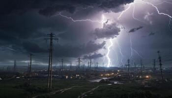 Dramatic Stormy Sky with Lightning Over Dark Landscape and Power Lines During Thunderstorm photo