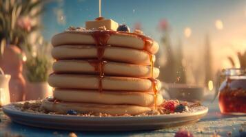 Delicious stack of fluffy pancakes drizzled with syrup and topped with butter and berries on a beautiful breakfast table setting photo