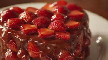 Delightful chocolate cake topped with fresh strawberries and glossy chocolate ganache on a rustic wooden table setting. photo
