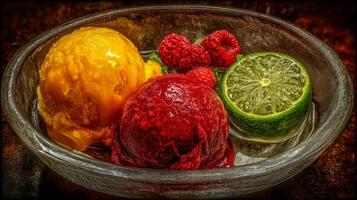 Colorful sorbet bowl with mango and berry flavors garnished with fresh raspberries and lime slices for refreshing dessert experience photo