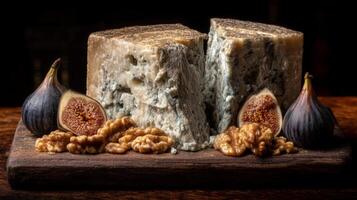 Rustic Cheese Plate Featuring Blue Cheese, Fresh Figs, Walnuts, and Dark Background for Gourmet Food Photography photo