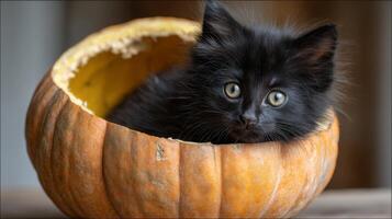 Adorable black kitten nestled inside a hollowed pumpkin, creating a cozy and playful autumn scene perfect for seasonal imagery photo