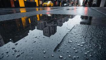 Reflections of Urban Life on Wet Pavement after Rainfall in a Bustling City Street Scene photo