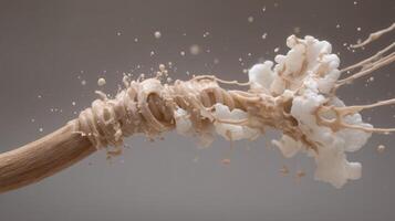 Splashes of Creamy Foam Emanate from a Twisted Wooden Stick in a Captivating Abstract Composition photo