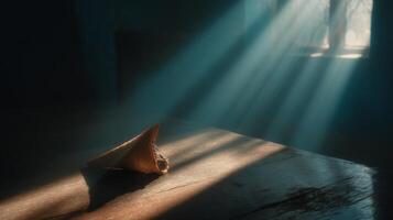 Gentle Rays of Light Illuminating a Shell on a Wooden Table in a Rustic Room photo