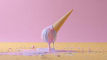 Melting Ice Cream Cone with Colorful Sprinkles on Vibrant Background in Playful Setting photo