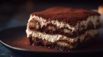 Delicious Tiramisu Dessert with Cocoa Powder Garnish on Dark Background for Culinary and Food Photography photo