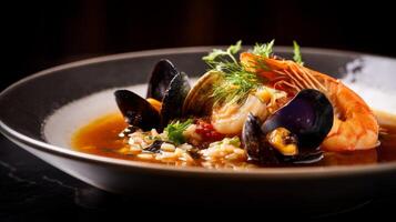 Delicious seafood dish with shrimp, mussels, clams, fresh herbs, and vibrant sauce on a black plate in a restaurant setting photo
