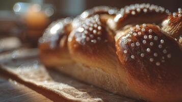 Freshly Baked Sweet Bread with Shiny Glaze and Sugar Pearls in Soft Light Setting for Cozy Bakery Vibe photo