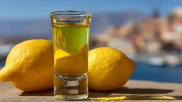 Fresh Lemon Juice in a Shot Glass with Vibrant Lemons on a Sunny Day by the Sea photo