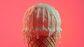 Creamy Ice Cream Cone with Melting Toppings Against Vibrant Background photo