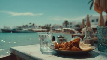 Fresh seafood dish with lemon on a sunny beachside table overlooking a beautiful tranquil ocean and relaxed atmosphere photo