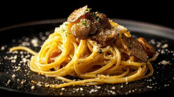 Delicious plate of spaghetti topped with fresh truffles and grated cheese, served on a sleek black plate for elegant dining experience photo