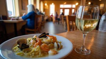 Delicious seafood pasta dish with shrimp and clams served with a glass of white wine in a cozy restaurant setting photo