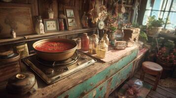 Cozy rustic kitchen scene with a simmering pot of tomato soup on a vintage stove surrounded by warm decor and vibrant colors photo
