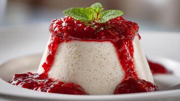 Creamy vanilla dessert topped with vibrant raspberry sauce and mint leaf creating a delicious culinary experience photo