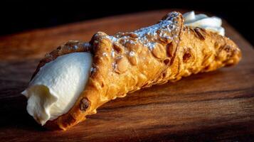 Creamy delightful dessert served in a crispy shell with almond flakes and powdered sugar dusting on a wooden surface photo