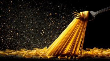 Elegant Fork Lifting Golden Spaghetti with Exquisite Flour Dust on Black Background in Gourmet Culinary Presentation photo