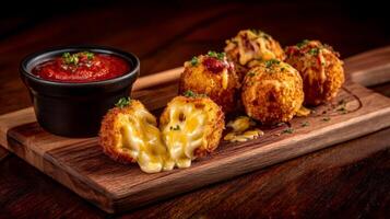 Delicious golden cheese balls with marinara sauce served on a wooden platter in a rustic setting for food photography photo
