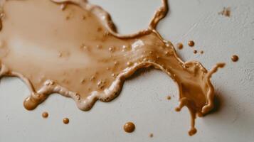 Liquid Chocolate Spillage on Light Surface with Glossy Texture and Bubbles Capturing Movement and Flow Details photo