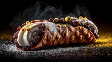 Delicious filled pastry with creamy texture, berries, and nuts, against a dark background showcasing rich colors and elegant details photo