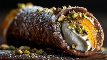 Delicious pastry filled with cream and topped with orange and crushed pistachios sitting on a wooden surface photo