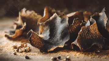 Dried Black Mushroom Pieces and Spices on Wooden Surface with Soft Focus and Dust Particles for Culinary Inspiration photo