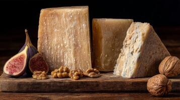 Artisan Cheese Display with Fresh Figs and Nuts on Wooden Board for Charcuterie or Culinary Inspiration photo