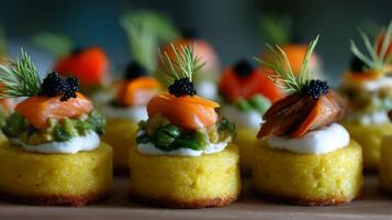 small appetizers are on a wooden board photo