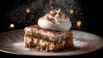 Delicious Tiramisu Dessert with Creamy Layers and Cocoa Dust on a Plate Set Against a Dark Background with Bokeh Lights photo