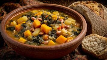 Warm and hearty vegetable soup with greens, squash, and beans served in a rustic bowl beside fresh bread on a textured cloth photo