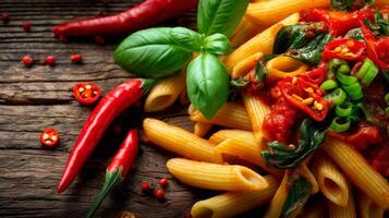 Delicious pasta dish with vibrant red chili pepper and fresh basil on a rustic wooden table photo