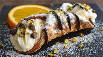 Delicious Cannoli Filled with Creamy Ricotta and Topped with Chocolate Chips and Pistachios on a Dark Plate with Orange Slice photo