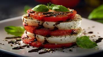 Fresh Tomato and Mozzarella Stacked Salad with Basil and Balsamic Drizzle on a White Plate photo