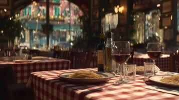 Cozy Italian Restaurant Setting with Red Checkered Tablecloths, Plates of Spaghetti, and Glasses of Red Wine photo