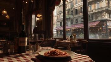 Cozy Italian restaurant with tasty spaghetti pasta meal, elegant wine and window view of city streets in warm lighting photo