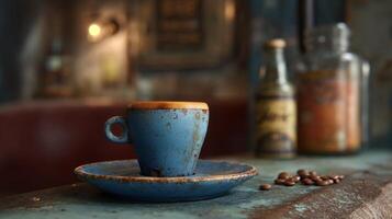Vintage Blue Coffee Cup with Rustic Saucer and Coffee Beans in a Cozy Cafe Setting photo