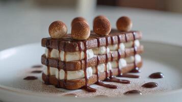 Delicious layered chocolate dessert with cream and cocoa, topped with mini chocolate balls on a white plate photo