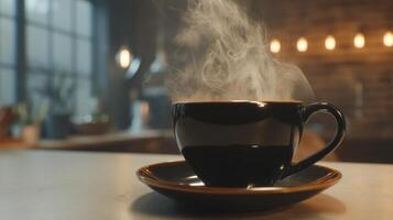 Steaming black coffee in a stylish cup on a saucer, with a warm and inviting kitchen atmosphere in the background photo