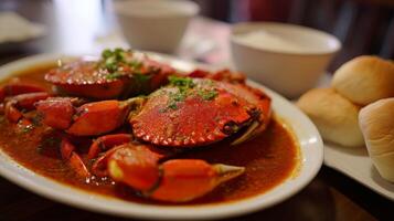 Freshly Cooked Crabs in Spicy Sauce Served with Soft Bread Rolls on Wooden Table photo