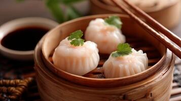 Delicate Steamed Dumplings with Shrimp and Garnish in a Bamboo Steamer Served with Dipping Sauce for Asian Cuisine photo