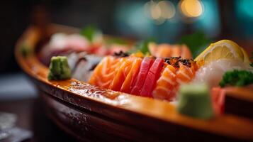Vibrant Sushi Boat with Assorted Fresh Fish Selection and Garnishes Served on Wooden Platter in Elegant Setting photo