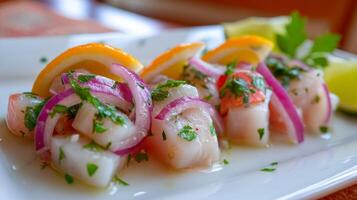 Fresh and Colorful Ceviche with Fish, Onion, Cilantro, Lime, and Orange Slices on a Plate in a Bright Restaurant Setting photo