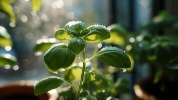Fresh Green Basil Plant with Water Drops Glimmering in Soft Morning Light and Natural Bokeh Background photo