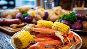 Fresh seafood platter with crab, corn, and vegetables on a wooden table, showcasing a delicious dining experience photo