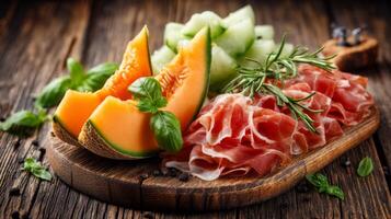 Delicious plate featuring fresh melon slices, prosciutto, and herbs on a rustic wooden board for summer gatherings and meals photo